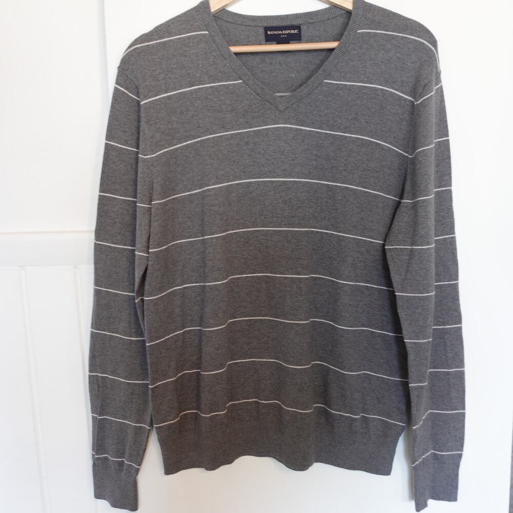 Banana Republic Sweater Mens Small Gray White‎ Striped Cotton Grandpacore Grunge